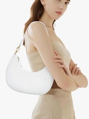Minimal White Croissant Shoulder Bag with Gold Hardware
